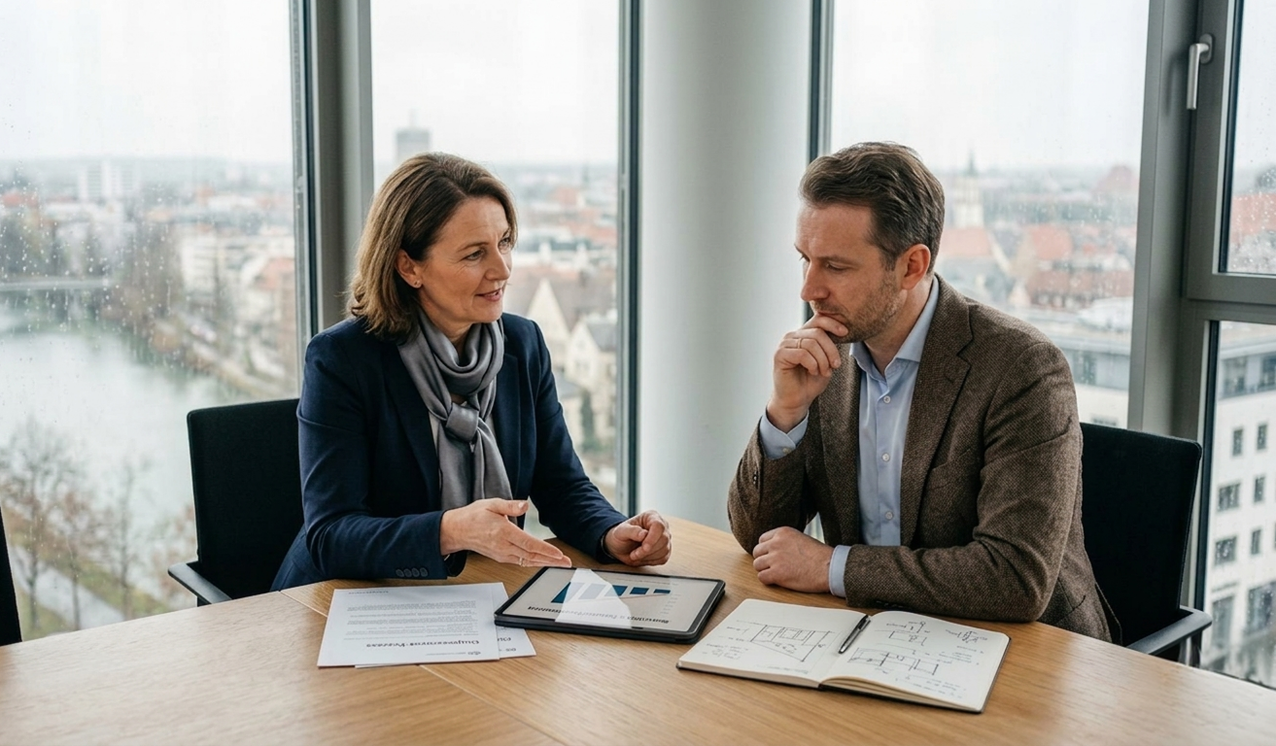 Zwei Business-Personen, eine Frau und ein Mann, sitzen an einem Holztisch vor einer großen Fensterfront mit Blick auf eine Stadt. Sie sind in ein intensives Gespräch vertieft und analysieren gemeinsam Daten auf einem Tablet sowie Dokumente und Skizzen, die vor ihnen liegen.