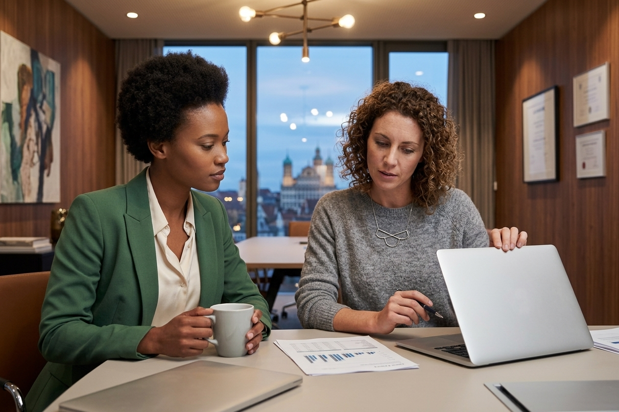 Zwei Frauen sitzen in einem modern gestalteten Büro mit Holzpaneelen und Blick auf eine Stadt bei Dämmerung. Die linke Frau trägt einen grünen Blazer, hält eine Kaffeetasse und blickt konzentriert auf Dokumente, die auf dem Tisch liegen. Die rechte Frau im grauen Pullover deutet mit einem Stift auf die Papiere; neben ihr steht ein Laptop, dessen Rückseite dem Betrachter zugewandt ist.