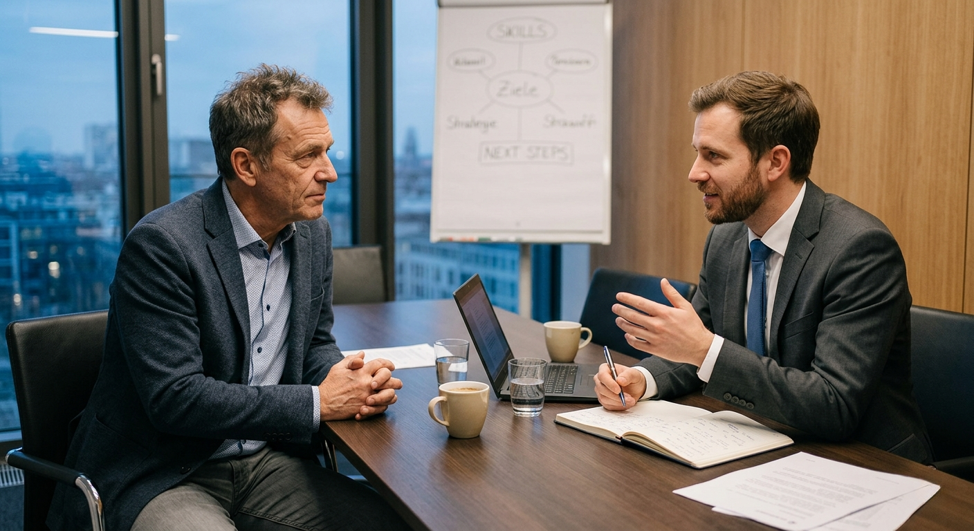 Zwei Männer in einem Beratungsgespräch an einem Bürotisch. Ein erfahrener Abteilungsleiter hört aufmerksam zu, während ein jüngerer Karriereberater gestikuliert und Notizen macht.